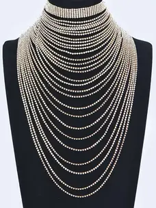 Multi Layered Rhinestone Necklace Gold