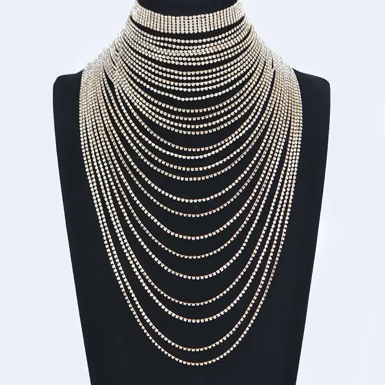 Multi Layered Rhinestone Necklace Gold