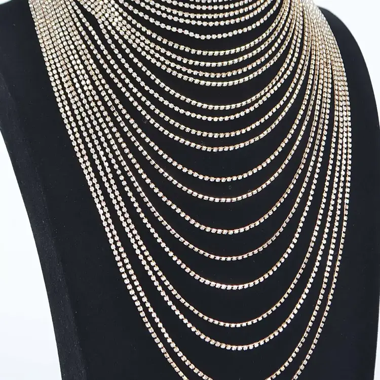 Multi Layered Rhinestone Necklace Gold