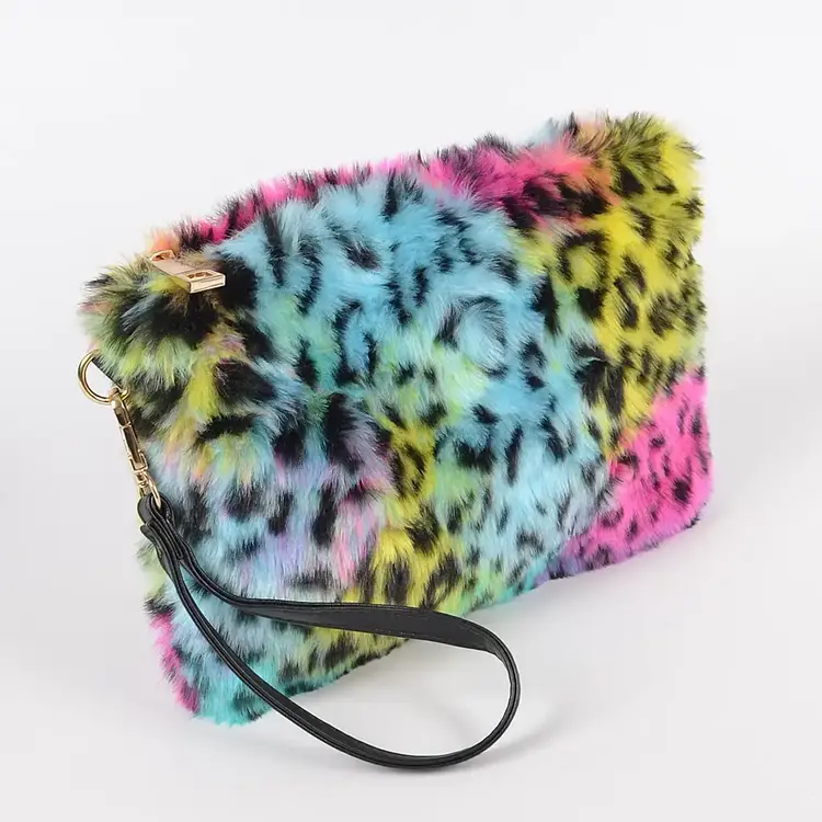 Rainbow Leopard Faux Fur Pouch