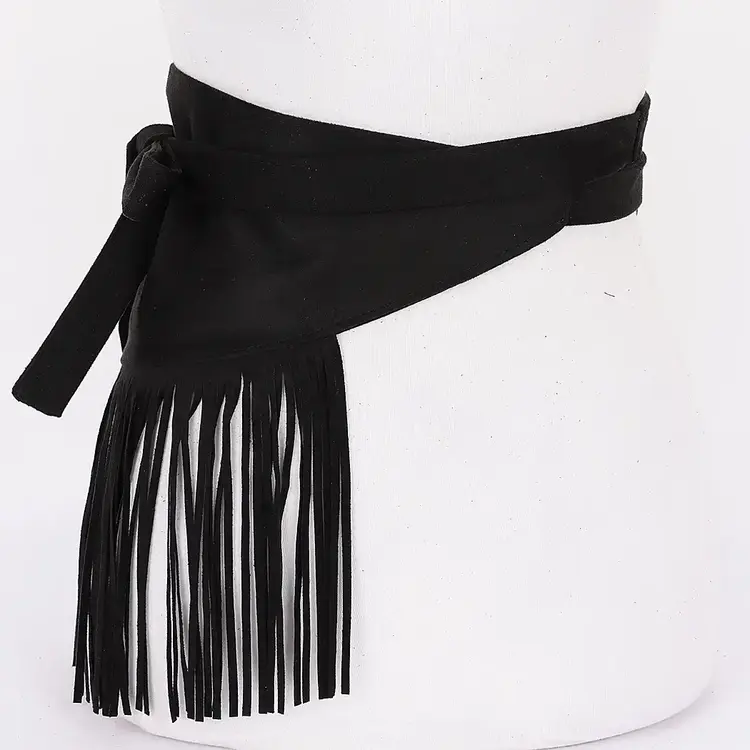 Faux Suede Fringe Belt Black