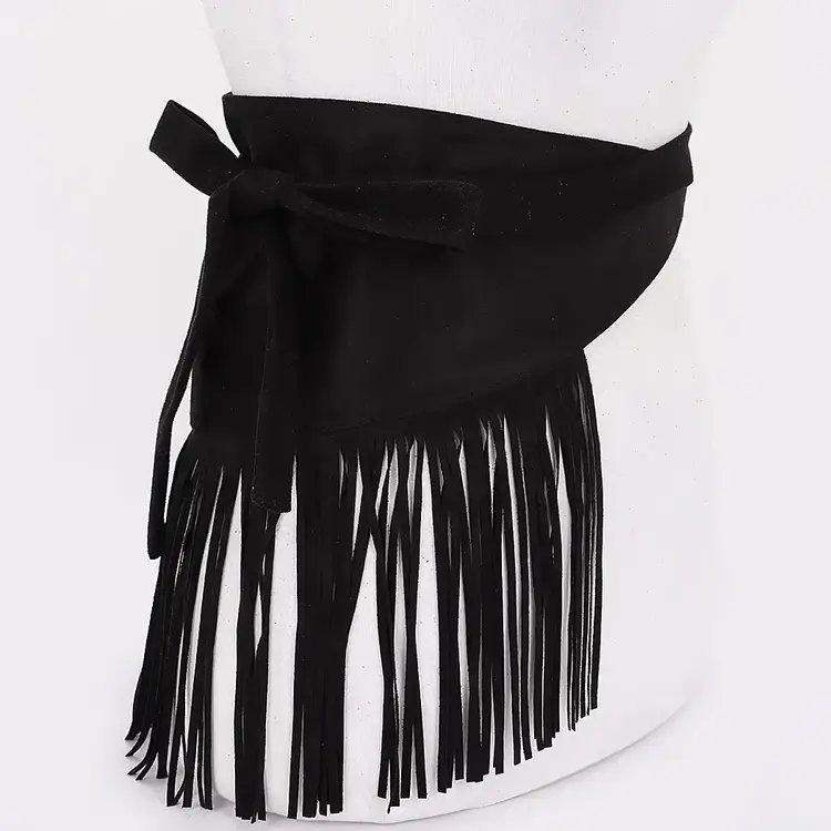 Faux Suede Fringe Belt Black