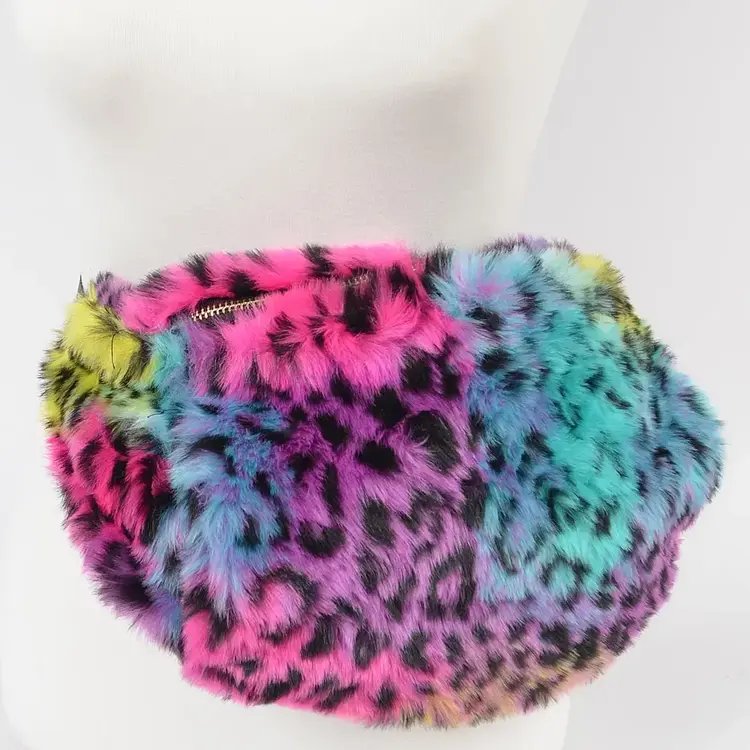 Rainbow Leopard Faux Fur Fanny Pack with Muff