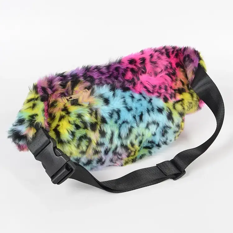 Rainbow Leopard Faux Fur Fanny Pack with Muff