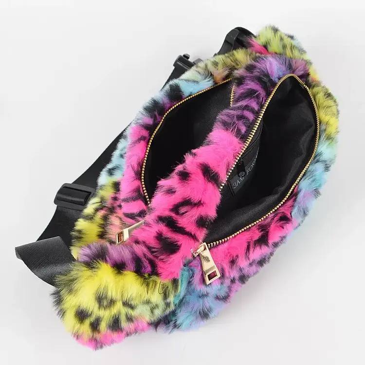 Rainbow Leopard Faux Fur Fanny Pack with Muff