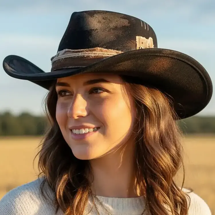 Vintage Versatile Shapeable Cowgirl Hat Distressed Black & Brown
