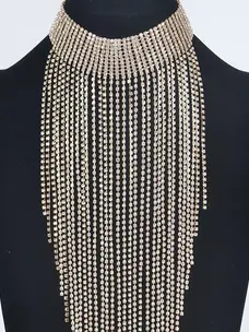 Rhinestone Choker Tassel Necklace Gold