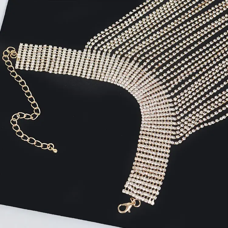 Rhinestone Choker Tassel Necklace Gold