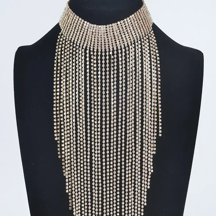 Rhinestone Choker Tassel Necklace Silver