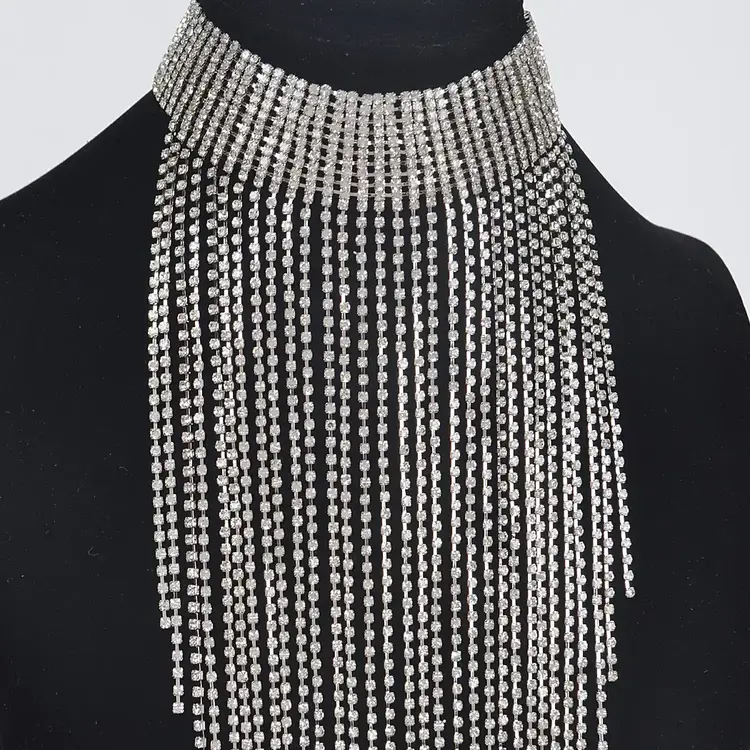Rhinestone Choker Tassel Necklace Silver