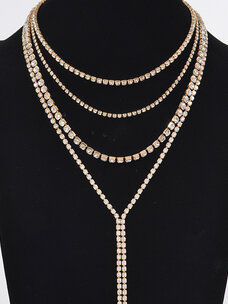 Multi-Layered Rhinestone Long Necklace Gold