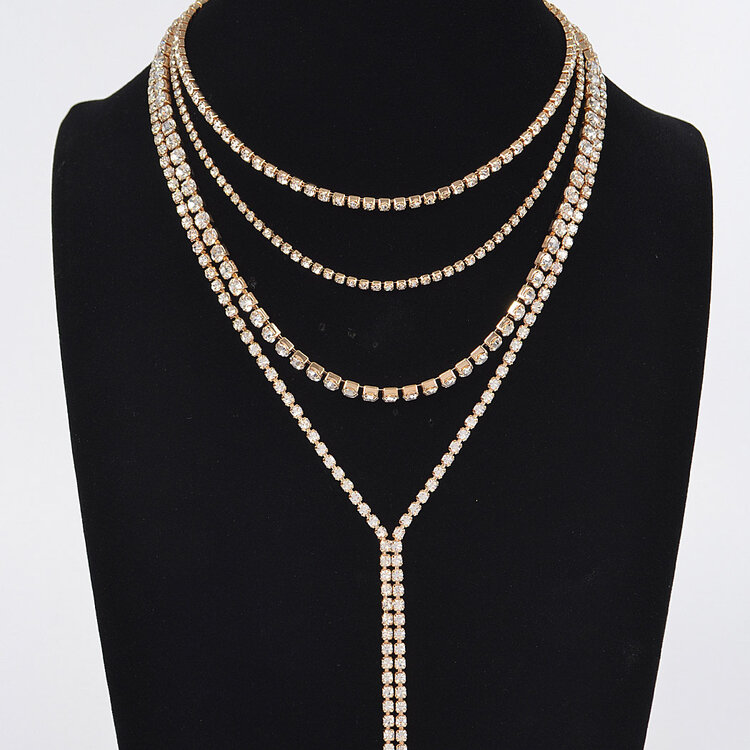 Multi-Layered Rhinestone Long Necklace Gold