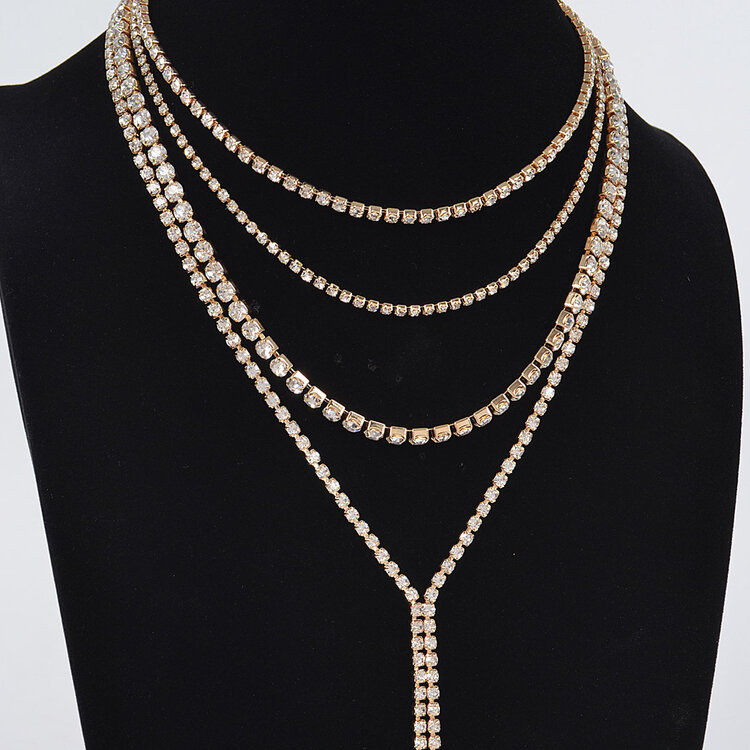 Multi-Layered Rhinestone Long Necklace Gold