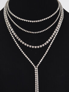 Multi-Layered Rhinestone Long Necklace Silver