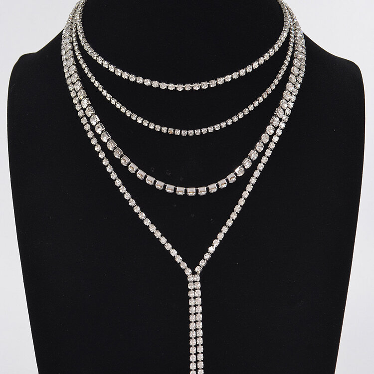Multi-Layered Rhinestone Long Necklace Silver