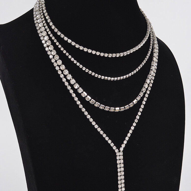 Multi-Layered Rhinestone Long Necklace Silver