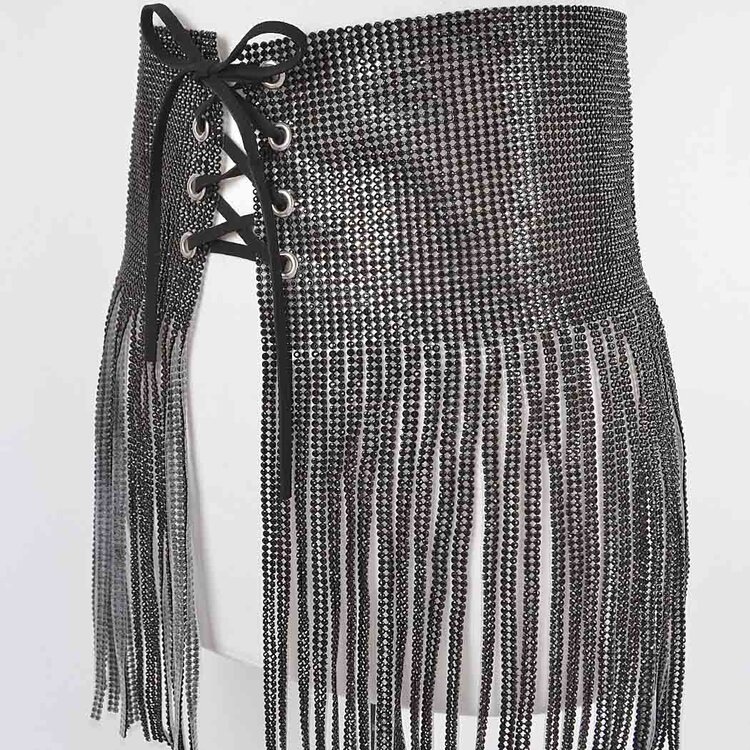 Rhinestone Fringe Skirt Black