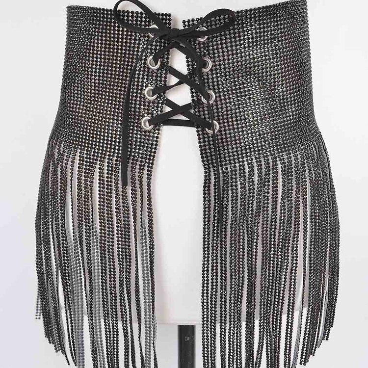 Rhinestone Fringe Skirt Black