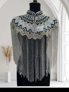 Sweet Magic Moday Beaded Aztec Shoulder Shawl w/Fringe Silver Black and Gold