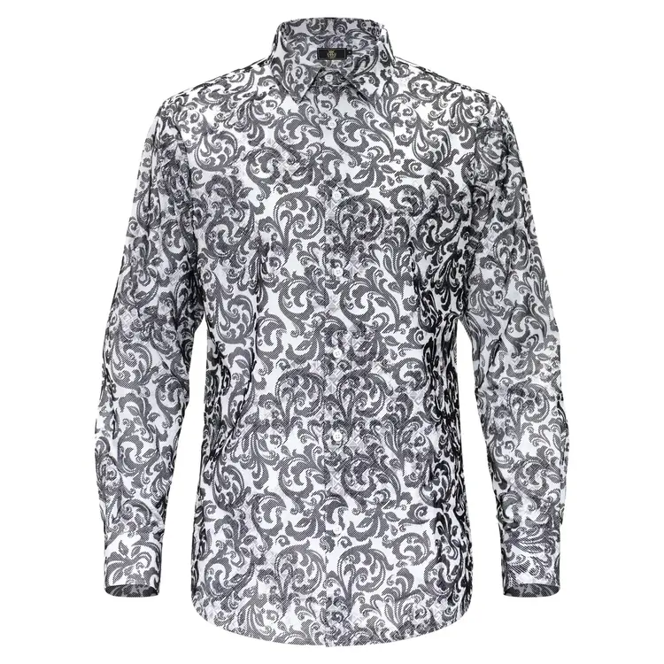Flocked Paisley Print  Long Sleeve Shirt White & Black
