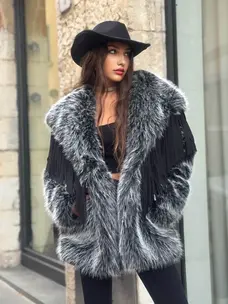 Silver Fox Faux Fur Coat w/Fringe OSFM