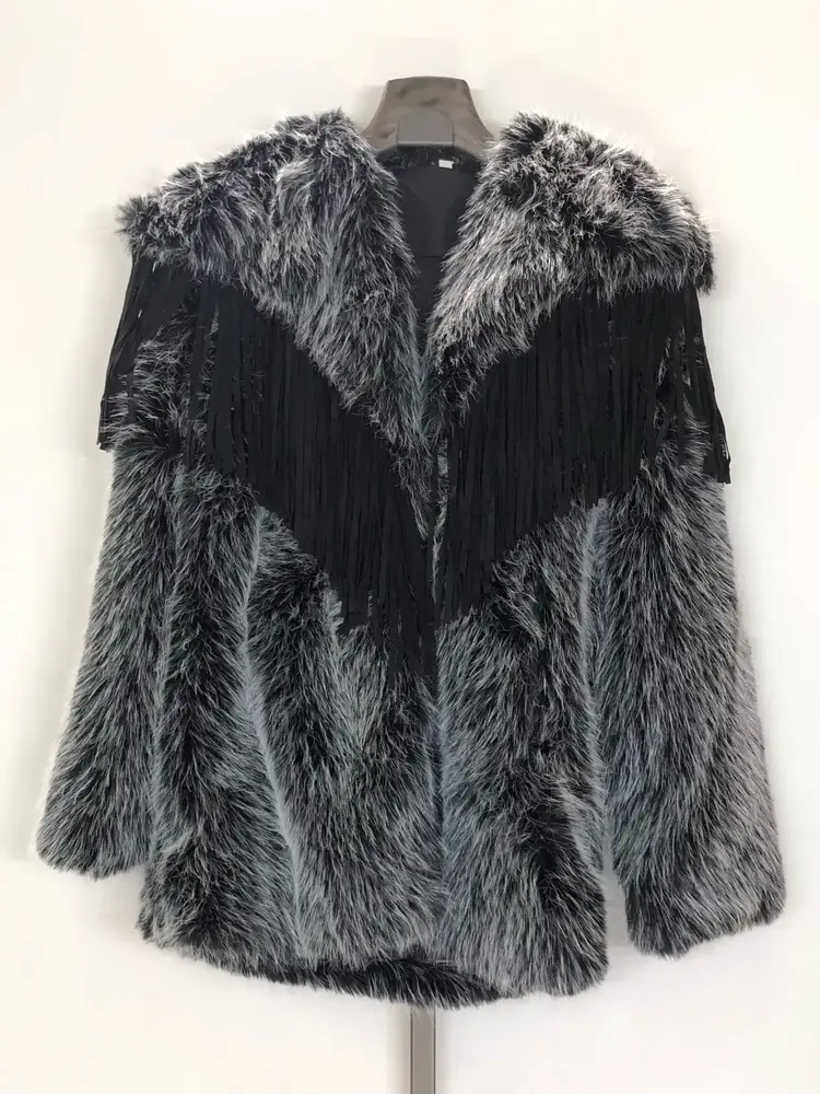 Silver Fox Faux Fur Coat w/Fringe OSFM