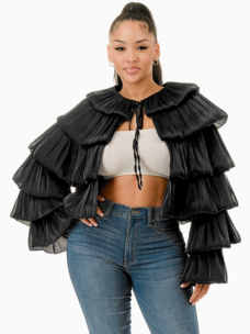 Bubble Hem Tiered Ruffled Organza Bolero Jacket Black Plus