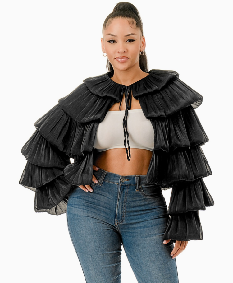 Bubble Hem Tiered Ruffled Organza Bolero Jacket Black Plus