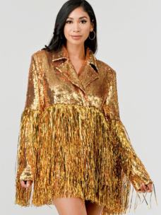 Long Sleeve Fringe Hem Sequin Blazer Gold
