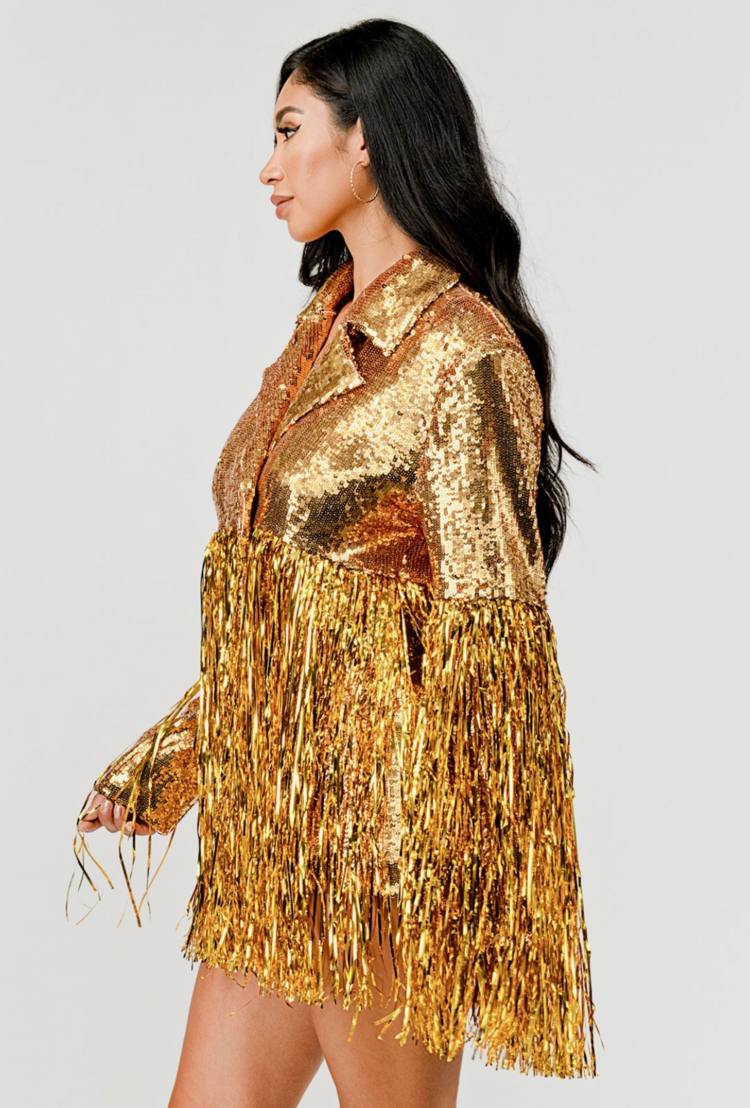 Long Sleeve Fringe Hem Sequin Blazer Gold