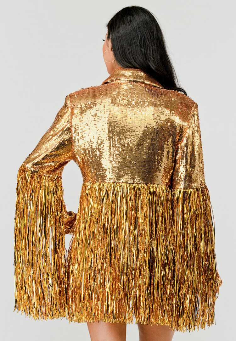 Long Sleeve Fringe Hem Sequin Blazer Gold