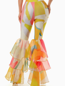 Tiered Ruffled Flared Bell Bottom Pants Abstract Yellow