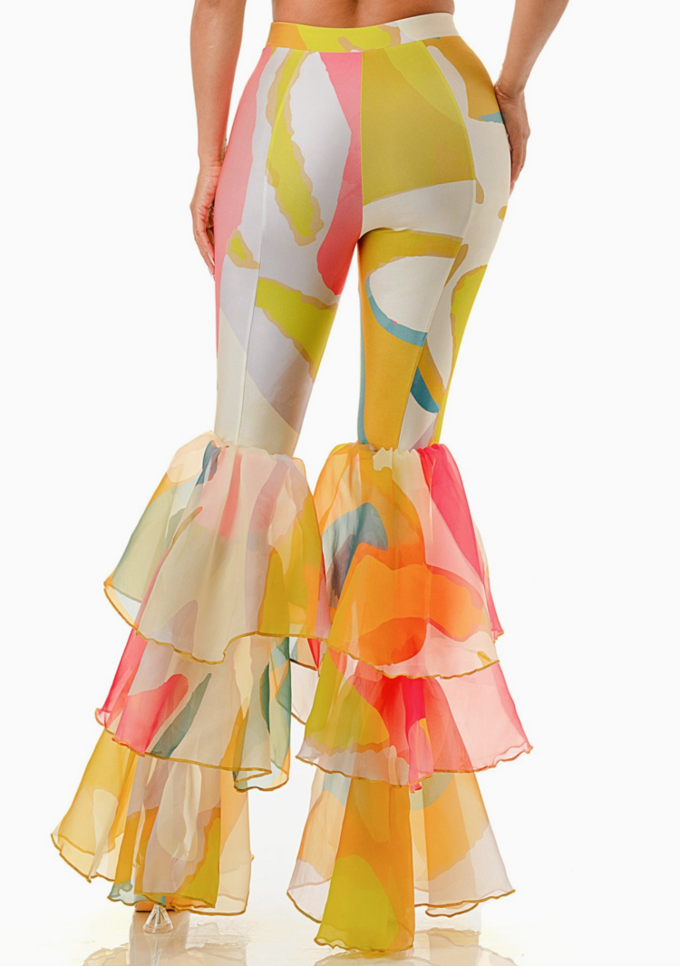 Tiered Ruffled Flared Bell Bottom Pants Abstract Yellow