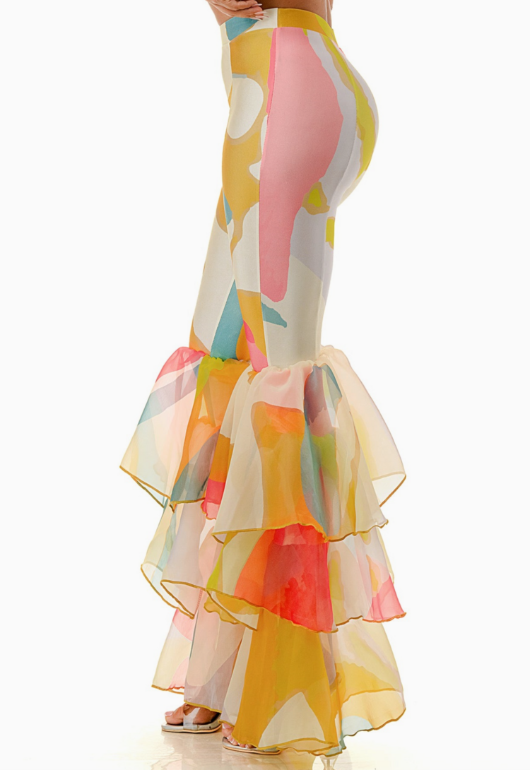 Tiered Ruffled Flared Bell Bottom Pants Abstract Yellow