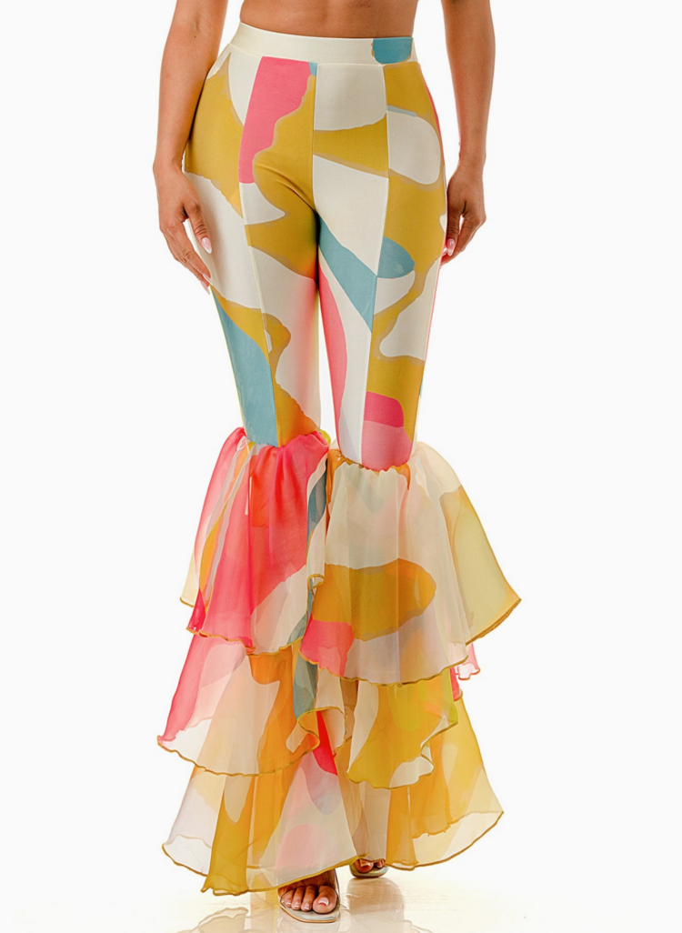 Tiered Ruffled Flared Bell Bottom Pants Abstract Yellow