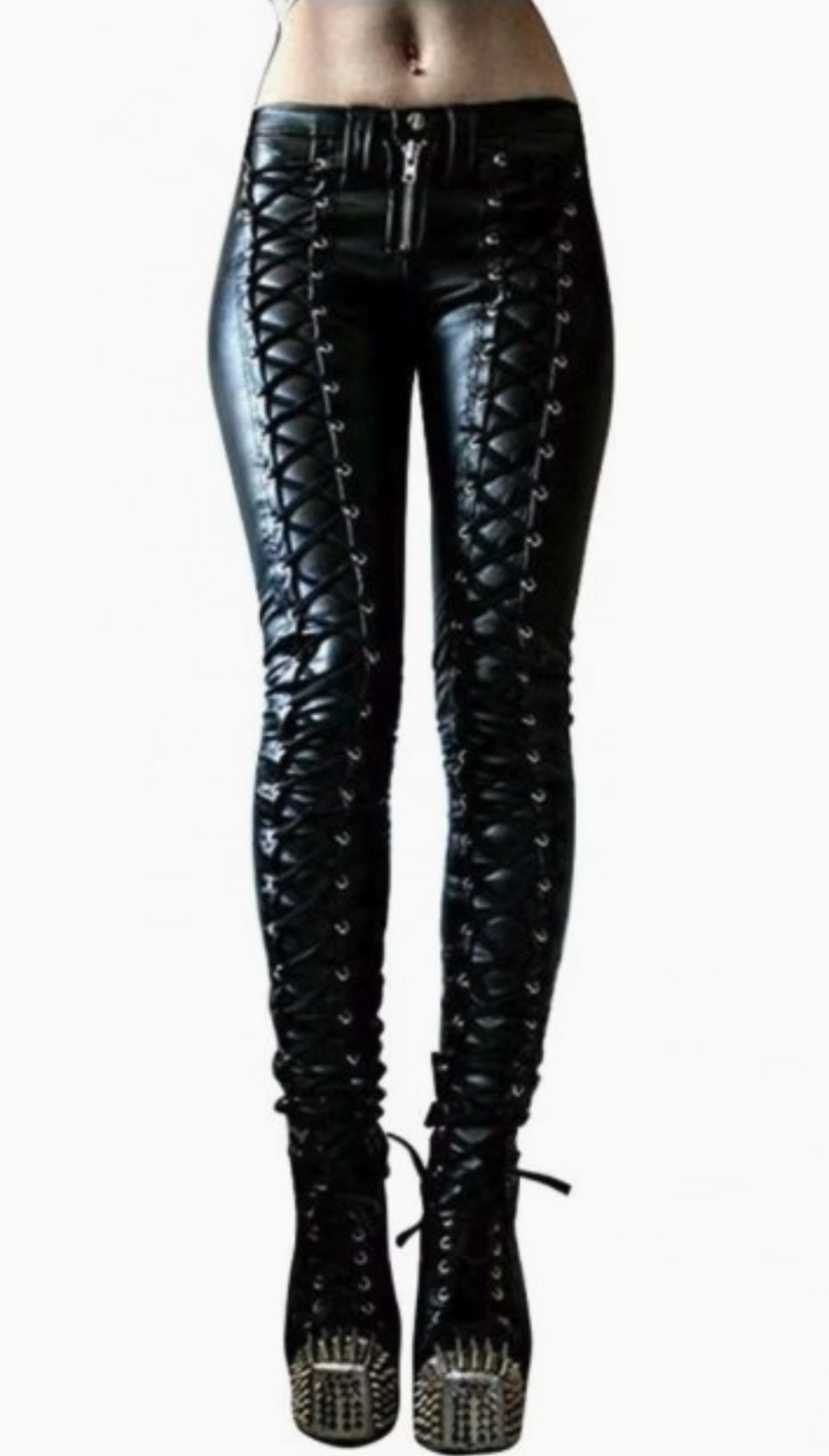 Stretch PU Lace Up Pants Black
