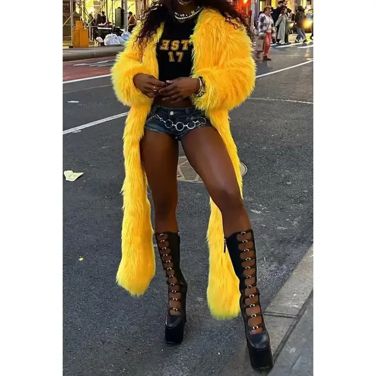 Soft Faux Fur Long Sleeve Coat Yellow