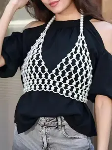 Faux Pearl Halter Neck Top