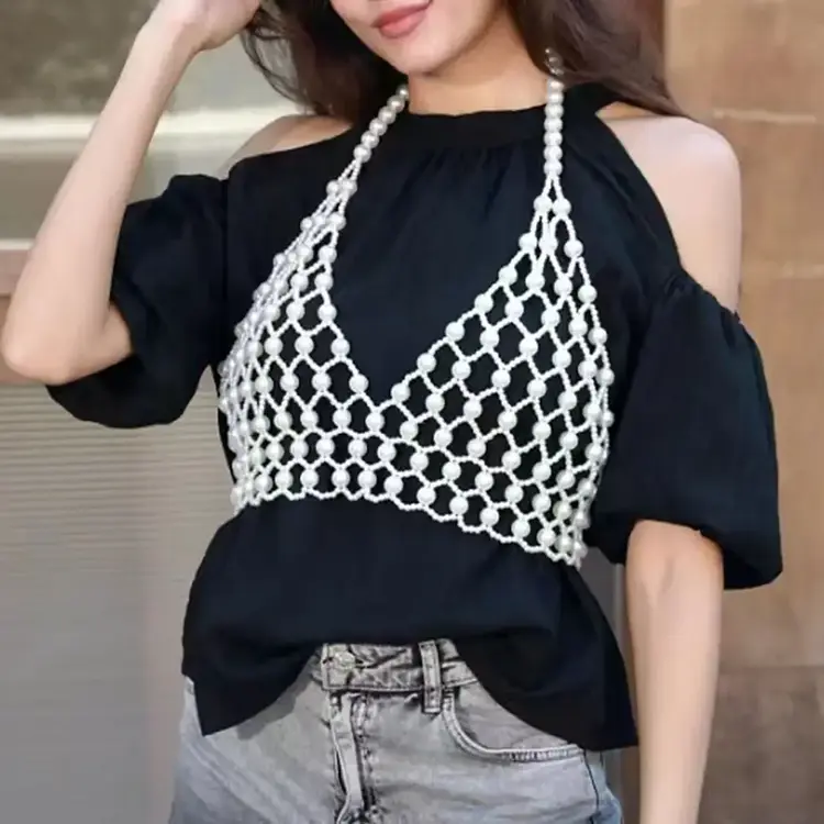 Faux Pearl Halter Neck Top