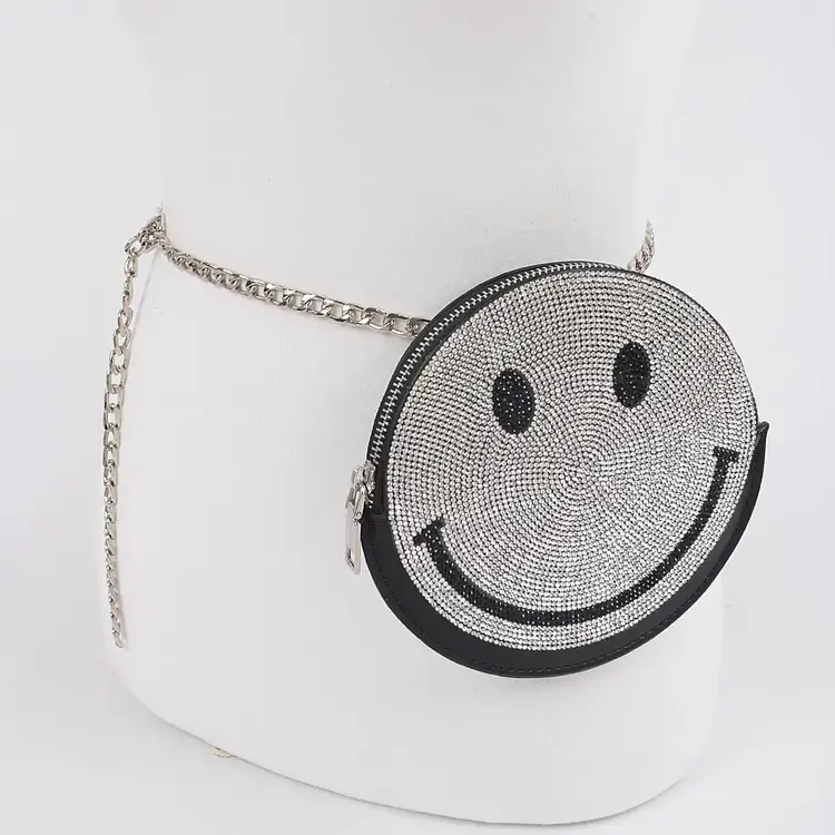 Chain Belt W/Rhinestone Happy Face Purse Clear Silver
