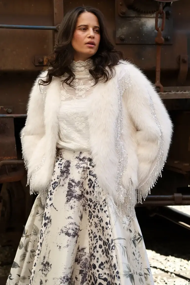 Sequined Fringe Detail Faux Coat White OSFM