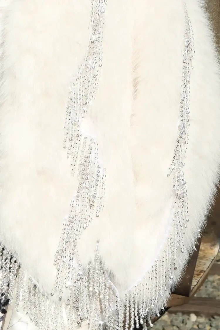 Sequined Fringe Detail Faux Coat White OSFM