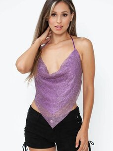 Rhinestone Metallic Backless Cowl Neck Halter Top Purple/Purple