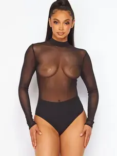 Mesh Long Sleeve Bodysuit Black