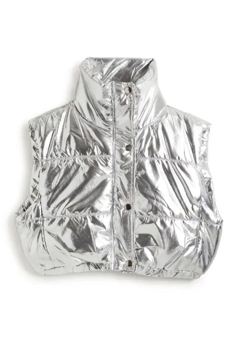 Foil Crop Puffy Vest Silver