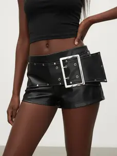 Buckle Belted Faux Leather Micro Mini Shorts Black