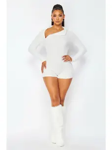 Zipper Detailed Long Sleeve Fuzzy Romper White