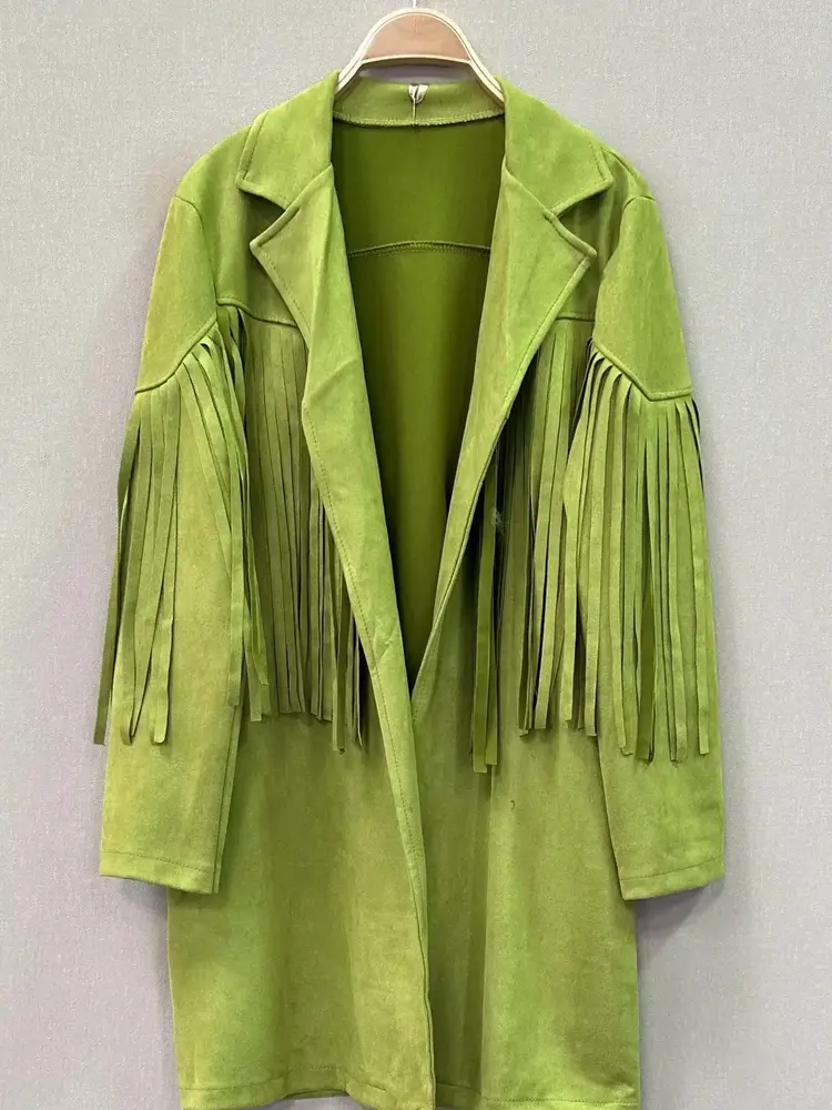 Suede Jacket with Fringe Olive OSFM