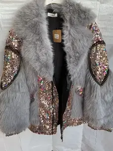 Sweet Magic Moday Grey Faux Fur w/Sequin Bling Coat OSFM