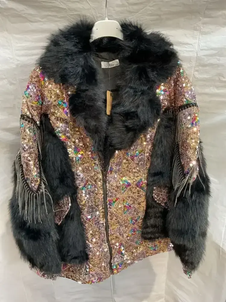 Sweet Magic Moday Black Faux Fur w/Sequin Bling Coat OSFM